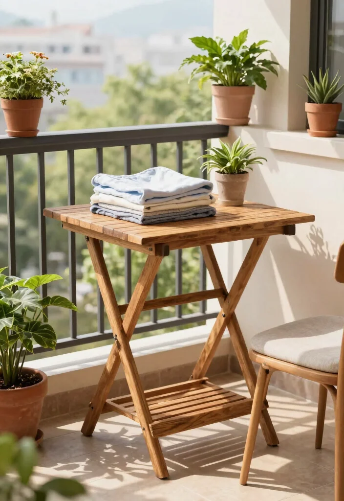 14 Balcony Laundry Ideas That Stay Hidden and Well Organized 13. Foldable Utility Table 0