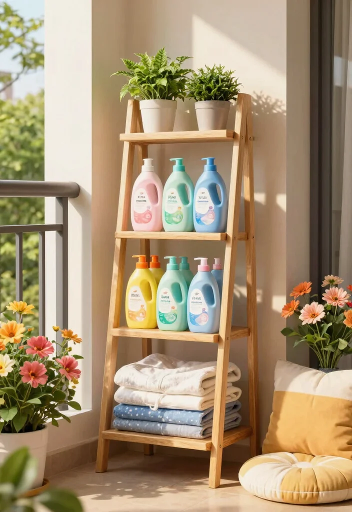 14 Balcony Laundry Ideas That Stay Hidden and Well Organized 5. Ladder Shelf for Supplies 0