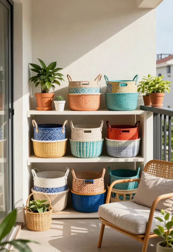 14 Balcony Laundry Ideas That Stay Hidden and Well Organized 6. Decorative Basket Collection 0