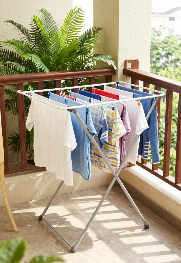 14 Balcony Laundry Ideas That Stay Hidden and Well Organized 8. Folding Drying Rack 0