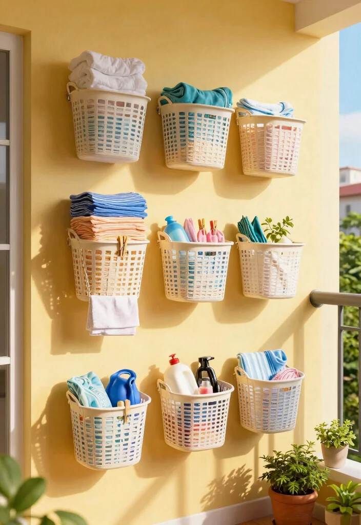 14 Balcony Laundry Ideas That Stay Hidden and Well Organized 9. Wall Mounted Baskets 0