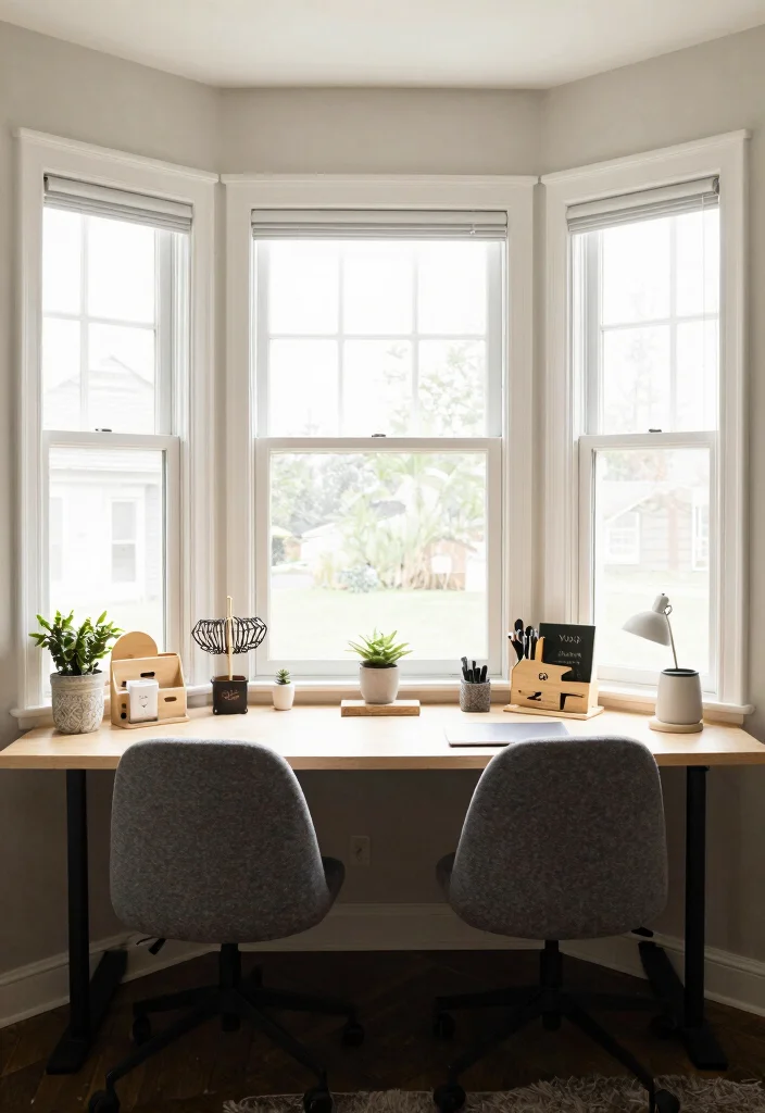 14 Bay Window Desk Ideas for Natural Light Work Zones 13. Cozy Dual Workspace 0