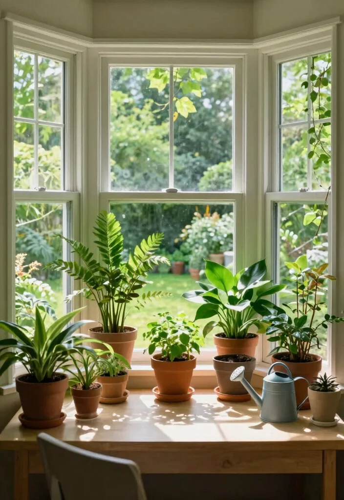 14 Bay Window Desk Ideas for Natural Light Work Zones 3. Lush Greenery Workspace 0