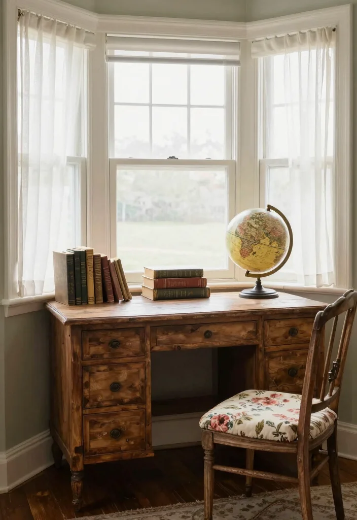 14 Bay Window Desk Ideas for Natural Light Work Zones 4. Vintage Charm 0
