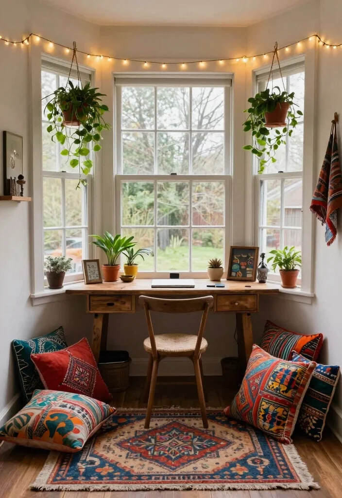 14 Bay Window Desk Ideas for Natural Light Work Zones 6. Bohemian Vibes 0