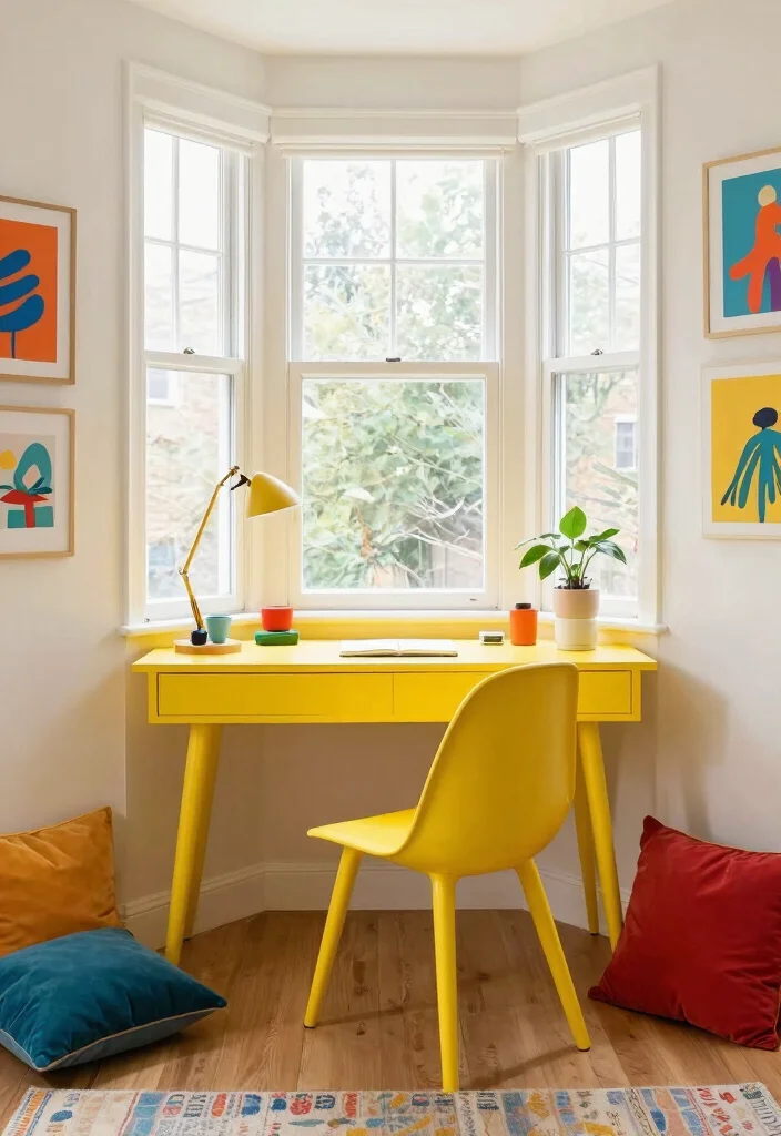 14 Bay Window Desk Ideas for Natural Light Work Zones 8. Bright and Bold 0