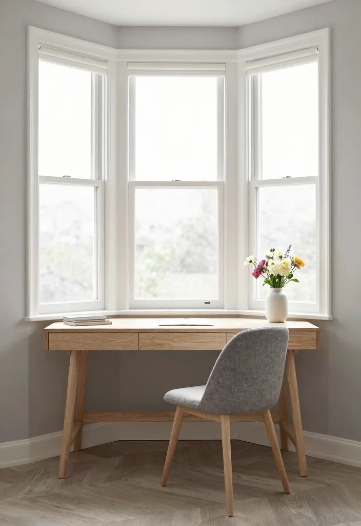 14 Bay Window Desk Ideas for Natural Light Work Zones 9. Scandinavian Style 0