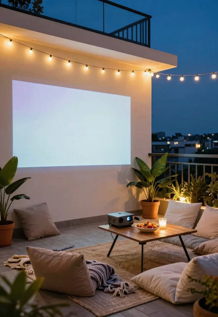 14 Big Balcony Terrace Ideas for Lounging, Dining, and Plants 40 14 Big Balcony Terrace Ideas for Lounging Dining and Plants 10. Outdoor Movie Night Setup 0
