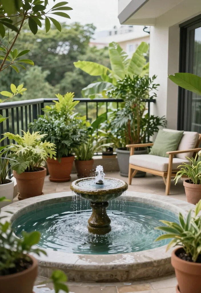 14 Big Balcony Terrace Ideas for Lounging, Dining, and Plants 41 14 Big Balcony Terrace Ideas for Lounging Dining and Plants 11. Water Feature Oasis 0