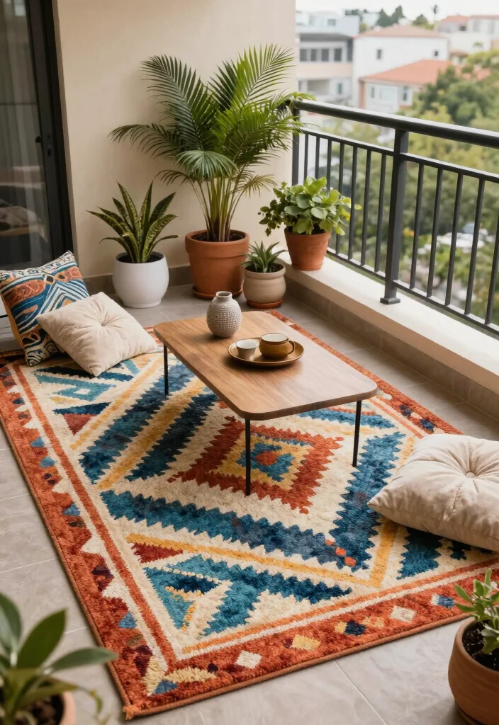 14 Big Balcony Terrace Ideas for Lounging, Dining, and Plants 14 14 Big Balcony Terrace Ideas for Lounging Dining and Plants 4. Chic Outdoor Rugs 0