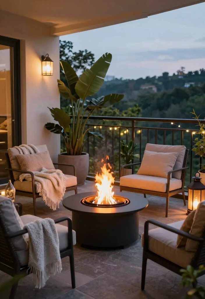14 Big Balcony Terrace Ideas for Lounging, Dining, and Plants 15 14 Big Balcony Terrace Ideas for Lounging Dining and Plants 5. Fire Pit for Warmth 0