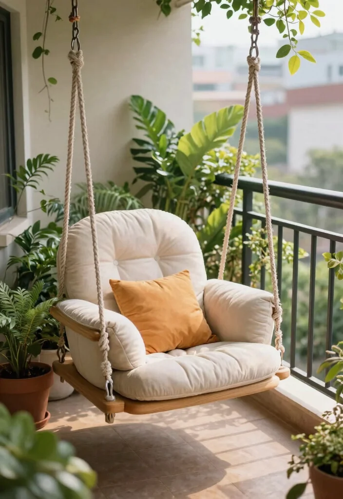 14 Big Balcony Terrace Ideas for Lounging, Dining, and Plants 27 14 Big Balcony Terrace Ideas for Lounging Dining and Plants 7. Swing Chair Retreat 0