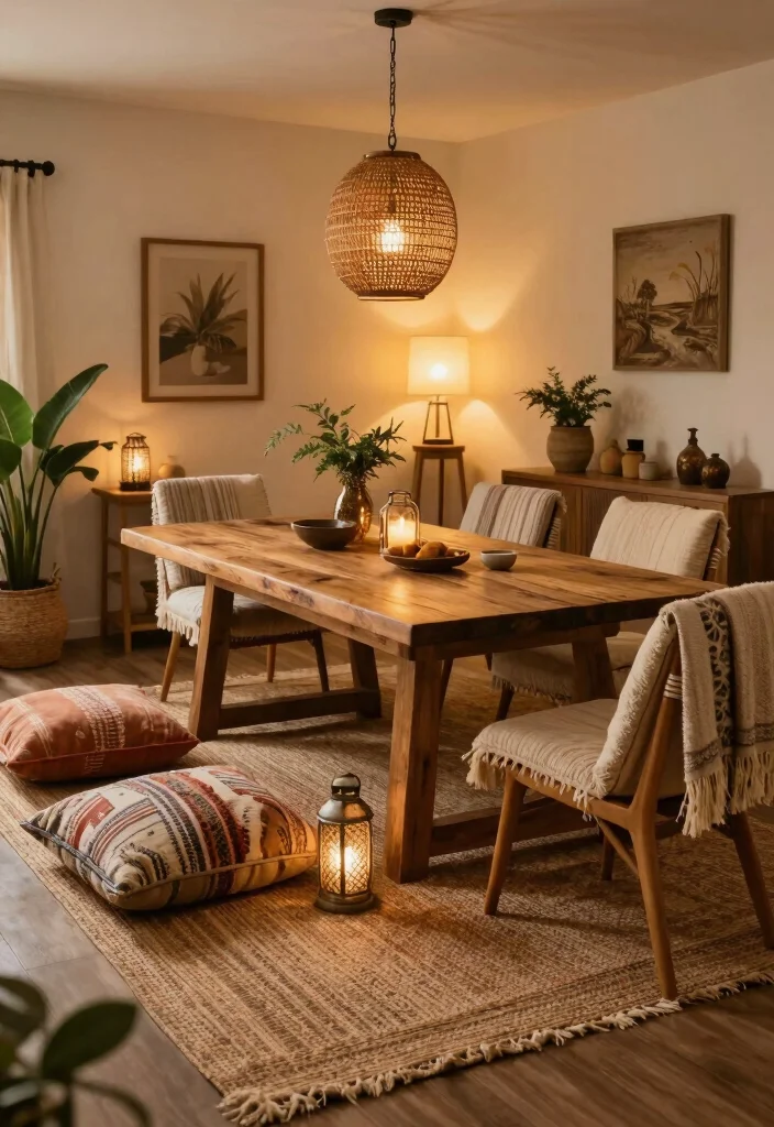 14 Boho Dining Room Ideas with Relaxed Collected Style 43 14 Boho Dining Room Ideas with Relaxed Collected Style 13. Cozy Accents and Lighting 0