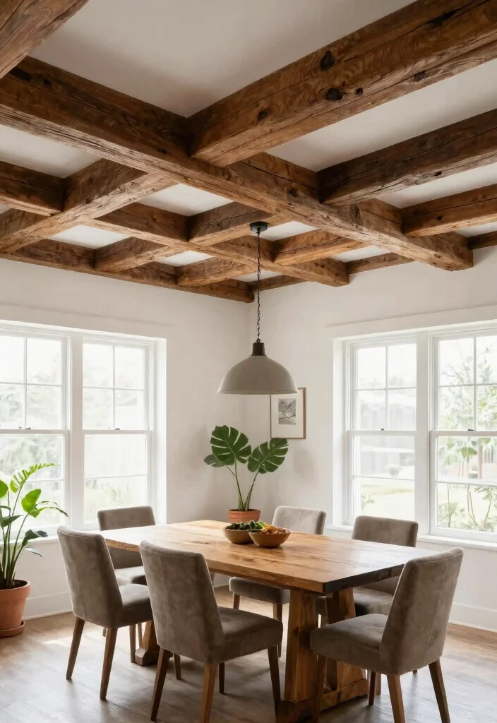 14 Dining Room Ceiling Ideas for Statement Design 1. Exposed Wooden Beams for Rustic Charm 0