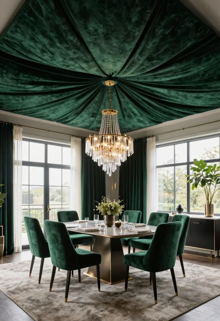 14 Dining Room Ceiling Ideas for Statement Design 10. Velvet or Fabric Draped Ceilings for Luxury 0