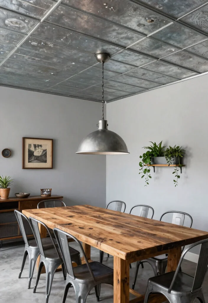 14 Dining Room Ceiling Ideas for Statement Design 13. Rustic Metal Ceilings for a Unique Edge 0