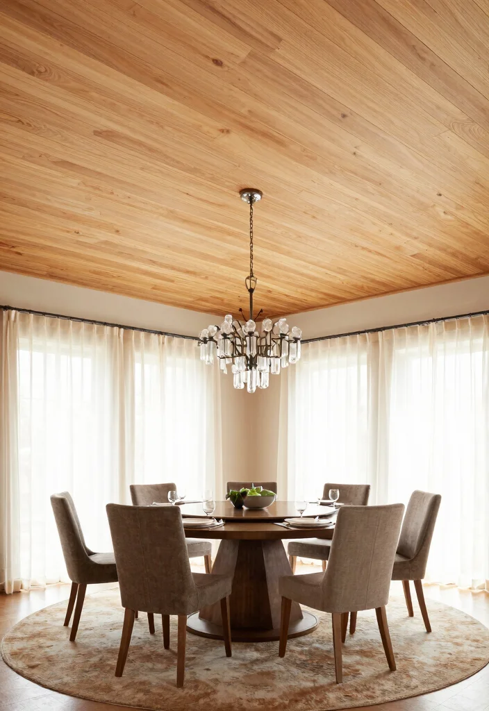 14 Dining Room Ceiling Ideas for Statement Design 4. Tongue and Groove for Timeless Elegance 0