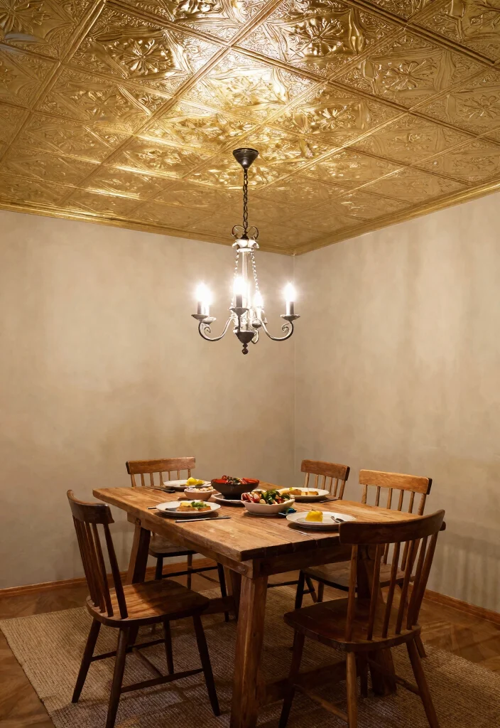 14 Dining Room Ceiling Ideas for Statement Design 6. Tin Tiles for a Vintage Touch 0
