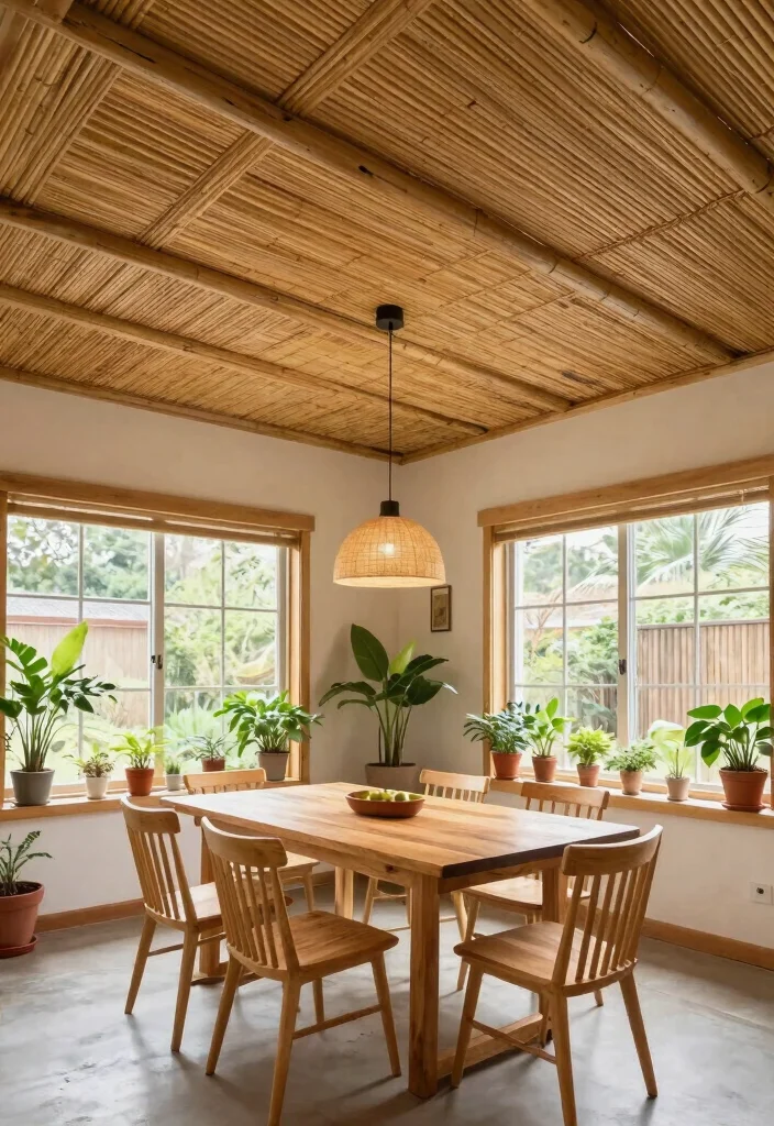 14 Dining Room Ceiling Ideas for Statement Design 9. Bamboo or Reed Ceilings for Natural Vibes 0