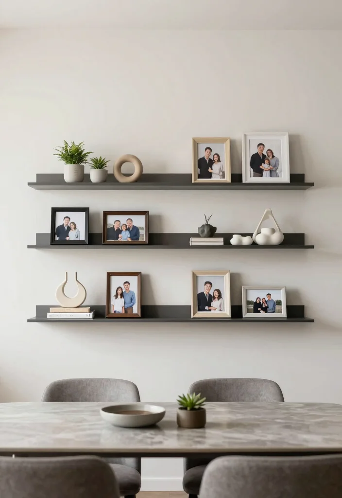 14 Dining Room Photo Wall Ideas to Display Memories Stylishly 53 14 Dining Room Photo Wall Ideas to Display Memories Stylishly 13. Minimalist Floating Shelves 0