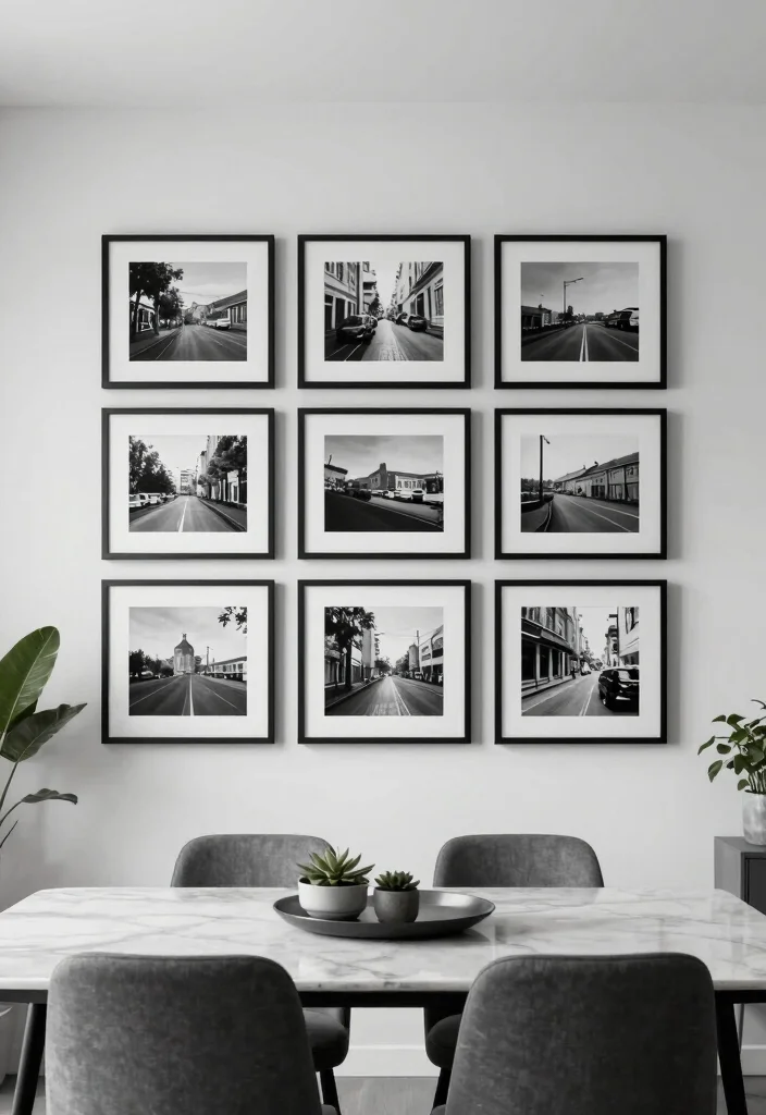 14 Dining Room Photo Wall Ideas to Display Memories Stylishly 13 14 Dining Room Photo Wall Ideas to Display Memories Stylishly 3. Monochrome Magic 0