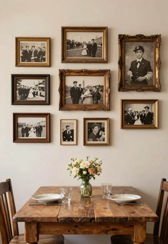 14 Dining Room Photo Wall Ideas to Display Memories Stylishly 26 14 Dining Room Photo Wall Ideas to Display Memories Stylishly 6. Vintage Photo Display 0