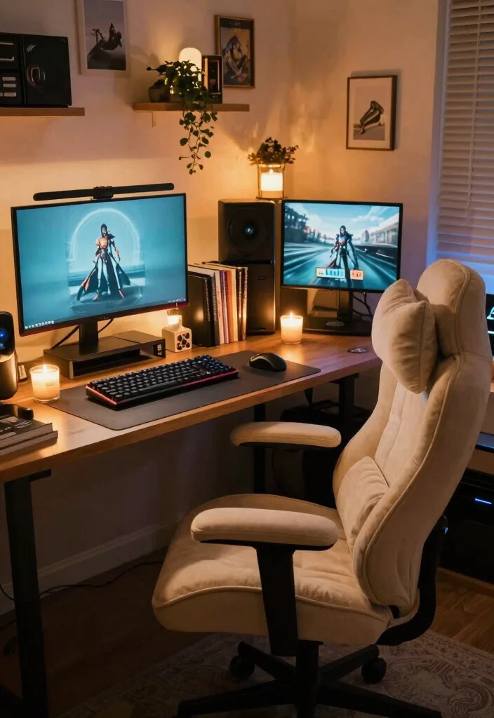 14 Gamer Desk Ideas for Immersive Setup Vibes 28 14 Gamer Desk Ideas for Immersive Setup Vibes 8. Cozy Gaming Sanctuary 0