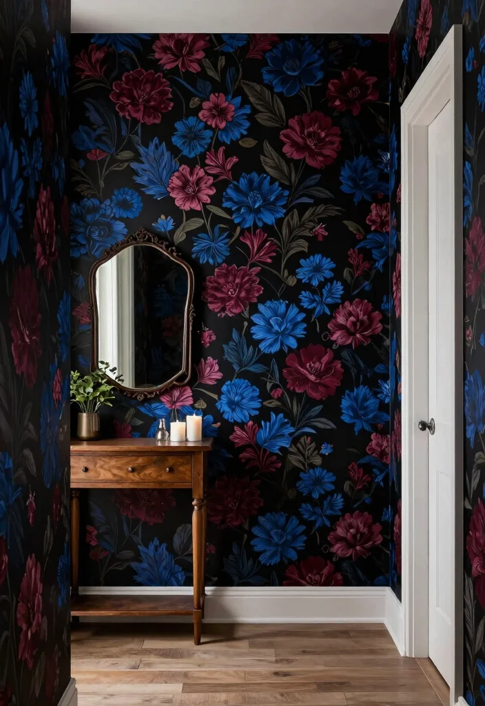 14 Moody Hallway Ideas with Dark Cozy Atmosphere 1. Dark Floral Wallpaper 0