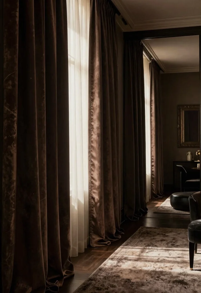14 Moody Hallway Ideas with Dark Cozy Atmosphere 11. Dark Curtains or Drapes 0
