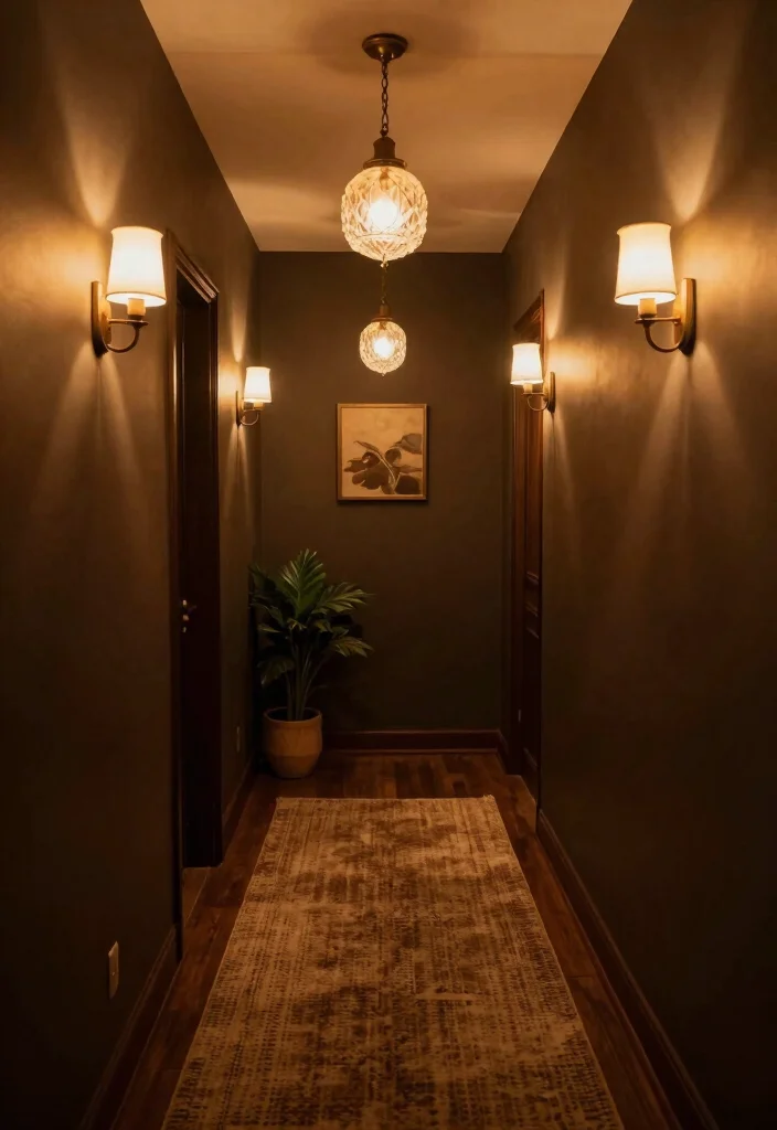 14 Moody Hallway Ideas with Dark Cozy Atmosphere 2. Cozy Lighting Fixtures 0
