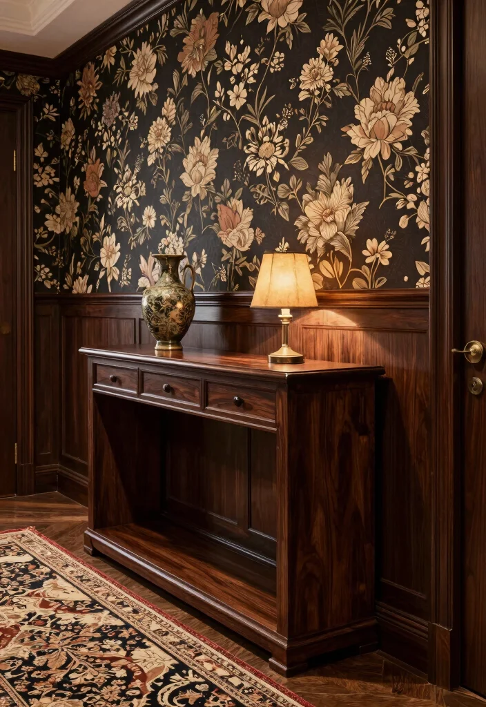 14 Moody Hallway Ideas with Dark Cozy Atmosphere 3. Dark Wood Accents 0