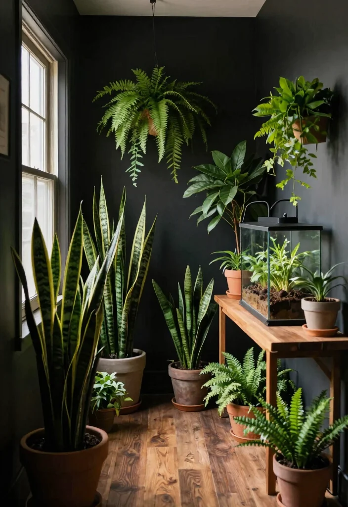 14 Moody Hallway Ideas with Dark Cozy Atmosphere 5. Lush Greenery 0