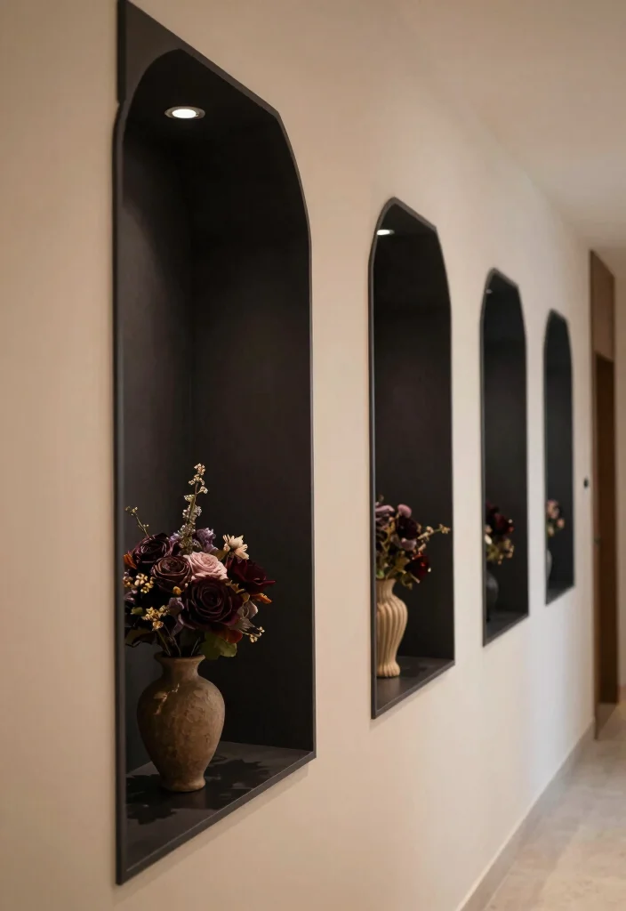 14 Moody Hallway Ideas with Dark Cozy Atmosphere 9. Wall Niches with Decor 0