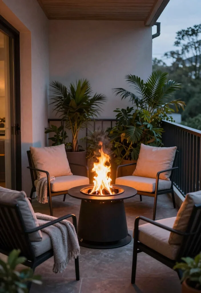 14 Narrow Apartment Balcony Ideas That Feel Cozy, Calm, and Private 41 14 Narrow Apartment Balcony Ideas That Feel Cozy Calm and Private 11. Cozy Fire Pit 0