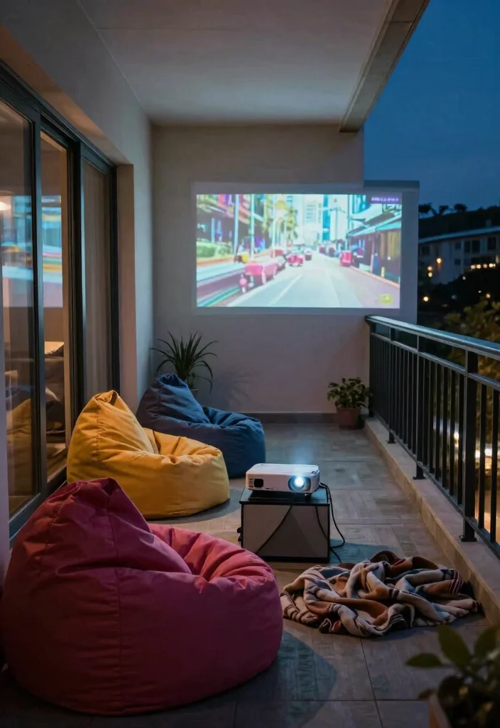 14 Narrow Apartment Balcony Ideas That Feel Cozy, Calm, and Private 64 14 Narrow Apartment Balcony Ideas That Feel Cozy Calm and Private 14. Outdoor Movie Night Setup 0