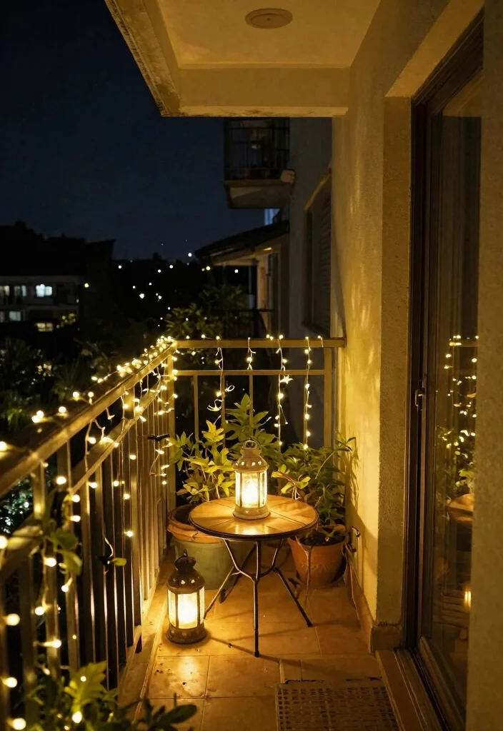 14 Narrow Apartment Balcony Ideas That Feel Cozy, Calm, and Private 19 14 Narrow Apartment Balcony Ideas That Feel Cozy Calm and Private 9. Light it Up 0