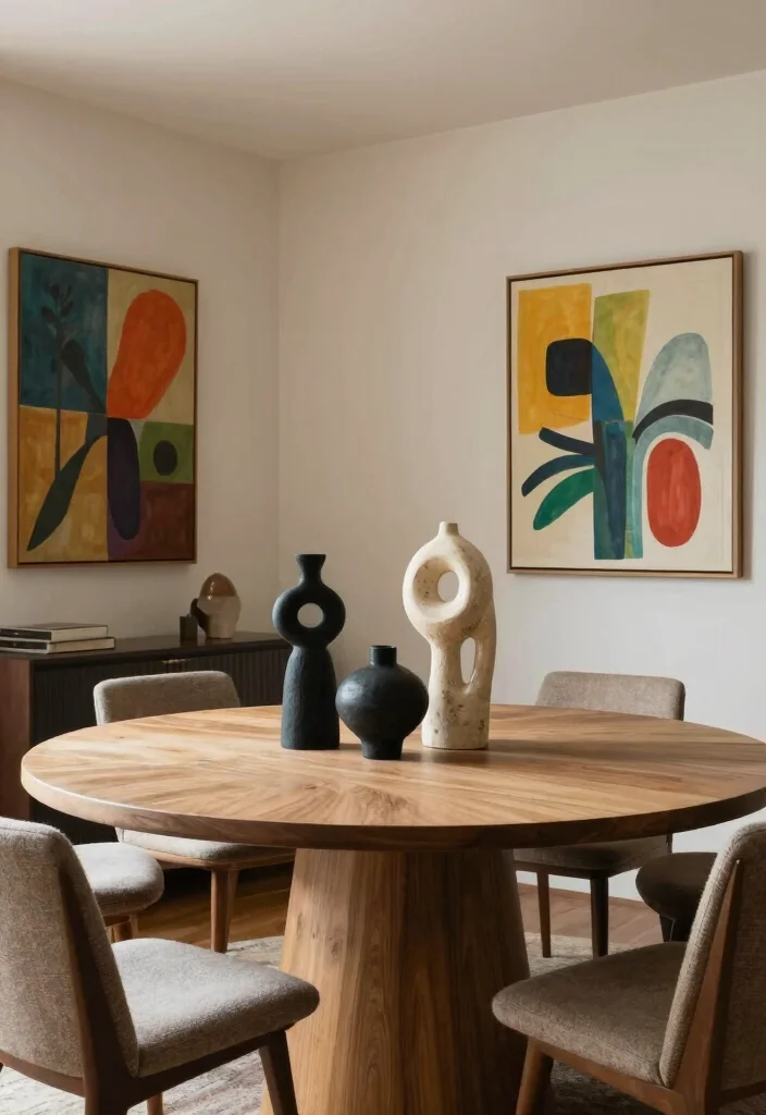 14 Round Table Dining Room Decor Ideas for Balanced Layouts 13. Incorporate Artful Decor Elements 0
