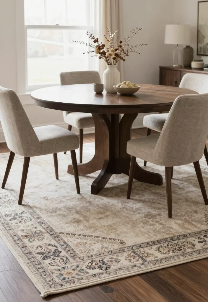 14 Round Table Dining Room Decor Ideas for Balanced Layouts 9. Layer Rugs for Depth and Style 0
