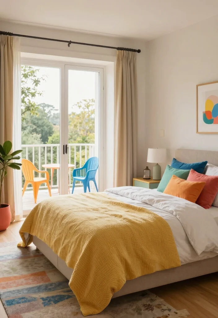 15 Bedroom Ideas with Balcony Views for Soft Morning Light 40 15 Bedroom Ideas with Balcony Views for Soft Morning Light 10. Color Pops with Playful Accents 0