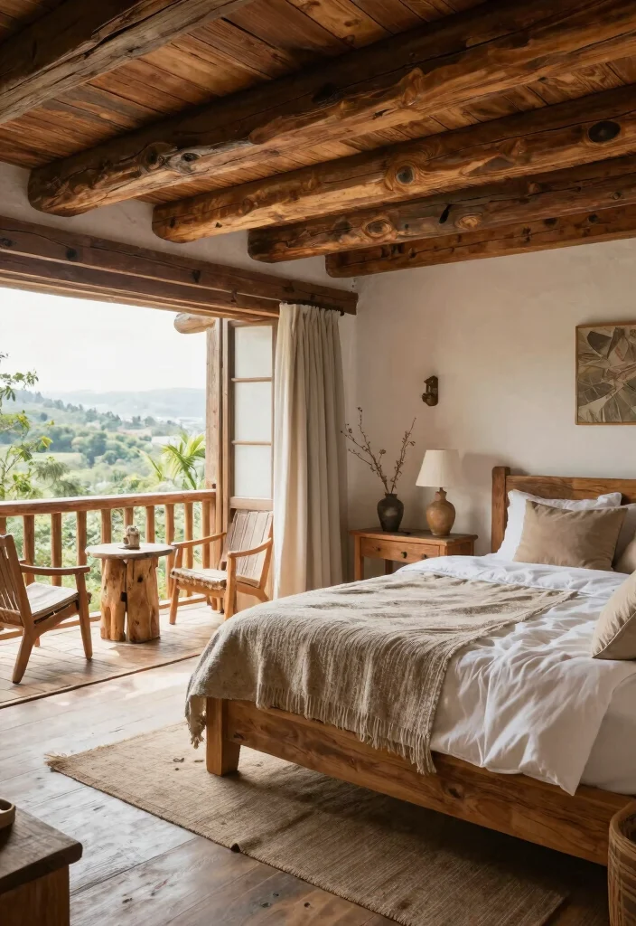 15 Bedroom Ideas with Balcony Views for Soft Morning Light 41 15 Bedroom Ideas with Balcony Views for Soft Morning Light 11. Rustic Charm with Wooden Beams 0