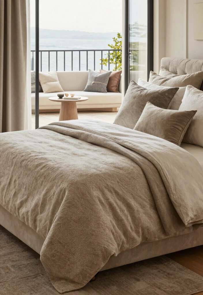 15 Bedroom Ideas with Balcony Views for Soft Morning Light 42 15 Bedroom Ideas with Balcony Views for Soft Morning Light 12. Elegant Sophistication with Textured Fabrics 0