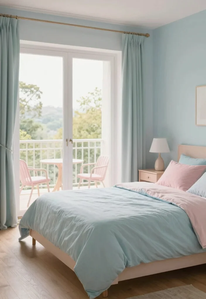 15 Bedroom Ideas with Balcony Views for Soft Morning Light 55 15 Bedroom Ideas with Balcony Views for Soft Morning Light 15. Serene Pastels for a Relaxing Atmosphere 0