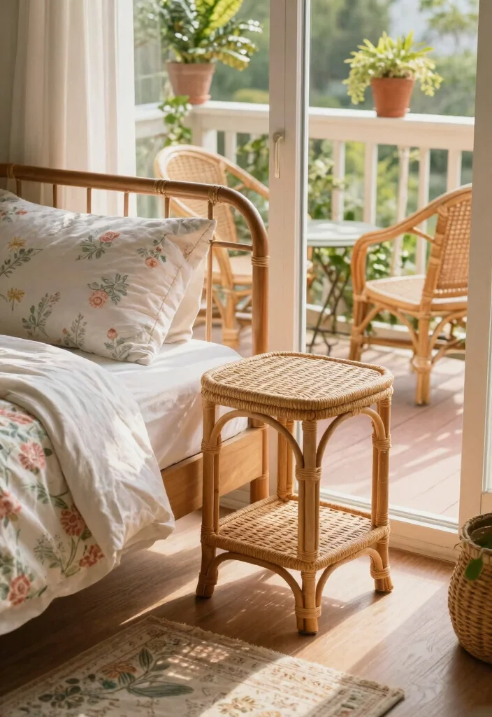 15 Bedroom Ideas with Balcony Views for Soft Morning Light 15 15 Bedroom Ideas with Balcony Views for Soft Morning Light 5. Vintage Charm with Rattan Furniture 0