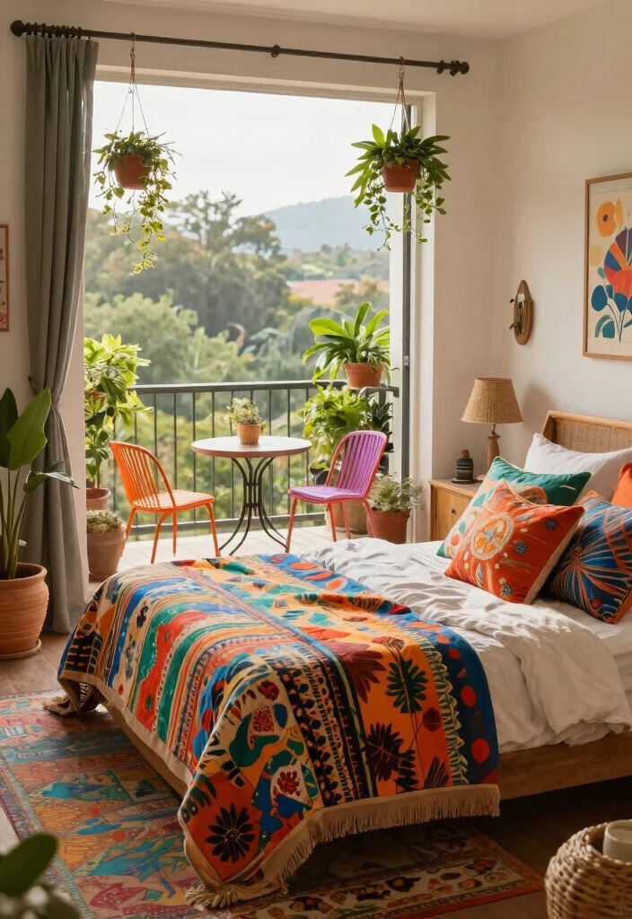 15 Bedroom Ideas with Balcony Views for Soft Morning Light 27 15 Bedroom Ideas with Balcony Views for Soft Morning Light 7. Bohemian Bliss with Hanging Plants 0